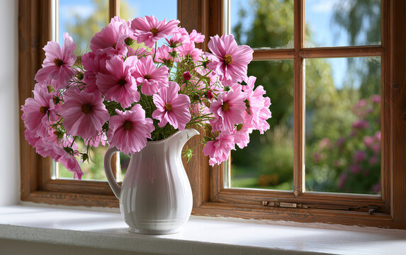 Delicate pink flowers in a white vase sit on a windowsill bathed in warm, golden sunlight, evoking a sense of peace and home.