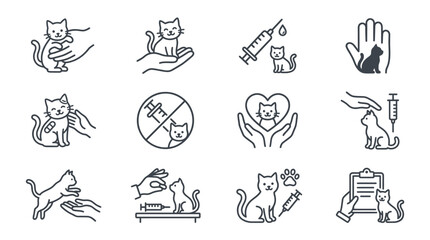 Fototapeta premium Set of veterinary cat care icons, including medical treatment, vaccination, and physical checkup symbols in outline style