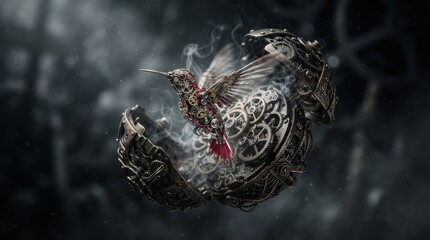 Obraz premium Steampunk mechanical hummingbird emerging from clockwork sphere