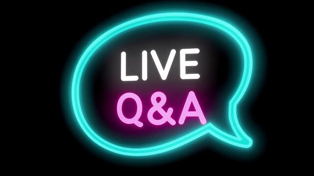 LIVE Q&A neon sign glowing inside a cyan speech bubble on a black background. Perfect for interactive live streams, podcasts,