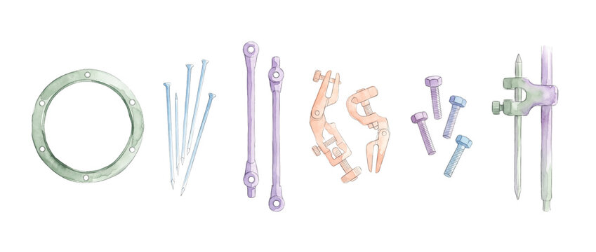 Watercolor hardware tools set illustration with metal bolts, nails, mechanical clamps, link rods, and circular flange gasket isolated on white background for DIY, craft, and engineering designs.