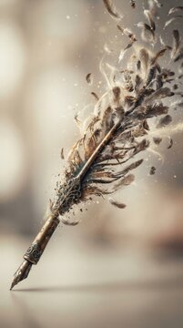 Vintage quill pen dissolving into feathers