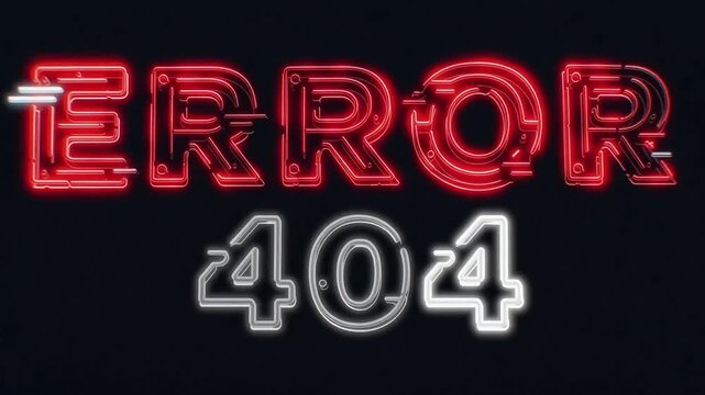 Glowing red neon Error text with a glitch effect and white 404 numbers on a dark background. Concept of website page not found, broken link, or digital system failure.