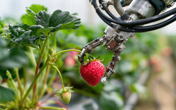 Robotic arm harvesting a ripe strawberry in a modern greenhouse, showcasing agricultural technology and automation
