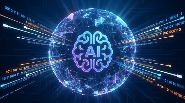 Advanced artificial intelligence brain sphere with glowing binary code streams and data flow.