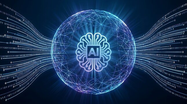 Artificial intelligence brain concept with glowing neural network and binary data stream flow.