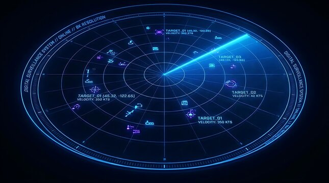 Futuristic digital radar screen display with scanning beam and target tracking for surveillance