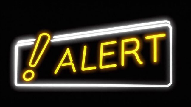 Glowing neon yellow alert text with an exclamation mark in a white border on a dark background. Warning and notification sign concept.