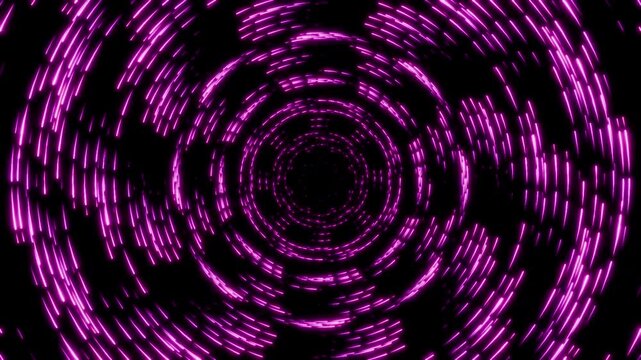 Elegant seamless loop animation of pink rose gold short light lines rotating right to left, abstract neon black hole vortex fashion backdrop 3d render