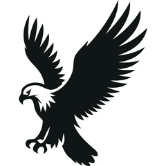 Naklejka premium A majestic eagle silhouette with wings fully spread, capturing strength, freedom, and elegance in a bold minimalist vector design. Solid black vector silhouette isolated on a pure white background, 