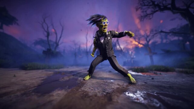 Funny 3D animation of Frankenstein monster dancing with skeletons, zombies and pumpkins in spooky night cemetery. Humorous Halloween character in scary foggy graveyard.