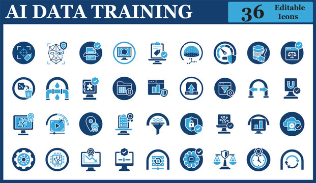Executive AI Data Training Vector Glyph Collection Featuring Machine Learning Datasets, Image Annotation, Computer Vision Labeling, Neural Network Processing, and Database Cleaning Symbols