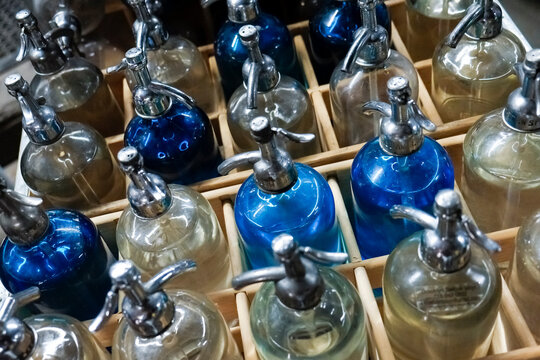 Blue and Clear Glass Seltzer Bottles