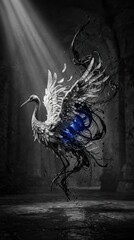 Obraz premium Abstract ethereal crane bird in flight with black ink and blue light