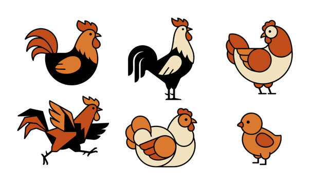 Geometric poultry logo marks featuring stylized rooster hen and chick designs with bold orange accents.