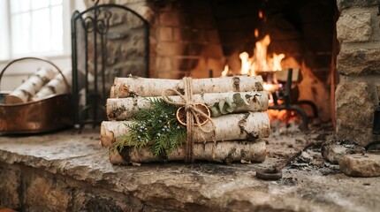 Fototapeta premium Rustic Birch Wood Firewood Stack Decorated with Pine Branches and Twine for a Cozy Winter Atmosphere Beside a Burning Hearth