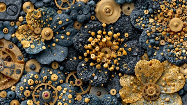 Intricate Golden Gears and Organic Textured Botanical Composition