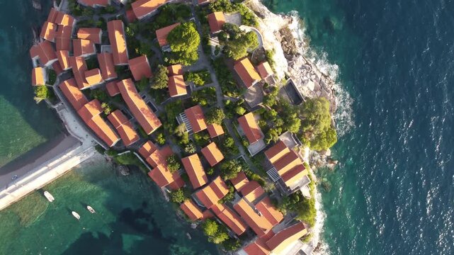 Sveti Stefan, Budva Municipality, Montenegro, aerial drone view, 