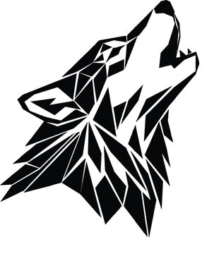 Geometric howling wolf head vector, black polygonal animal silhouette, minimalist low poly wolf profile, modern tribal canine tattoo design