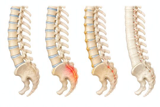 Ankylosing spondylitis bamboo spine progression diagram, rheumatology medical illustration - showing ankylosing spondylitis progression from sacroiliitis to syndesmophytes and bamboo spine fusion.