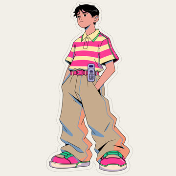Y2k character design of young man wearing striped polo and baggy trousers with pager accessory. 90s aesthetic fashion style. Retro nostalgia concept. Vector illustration