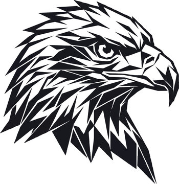 Geometric eagle head vector illustration, stylized bald eagle mascot logo, black and white predatory bird profile for sports branding