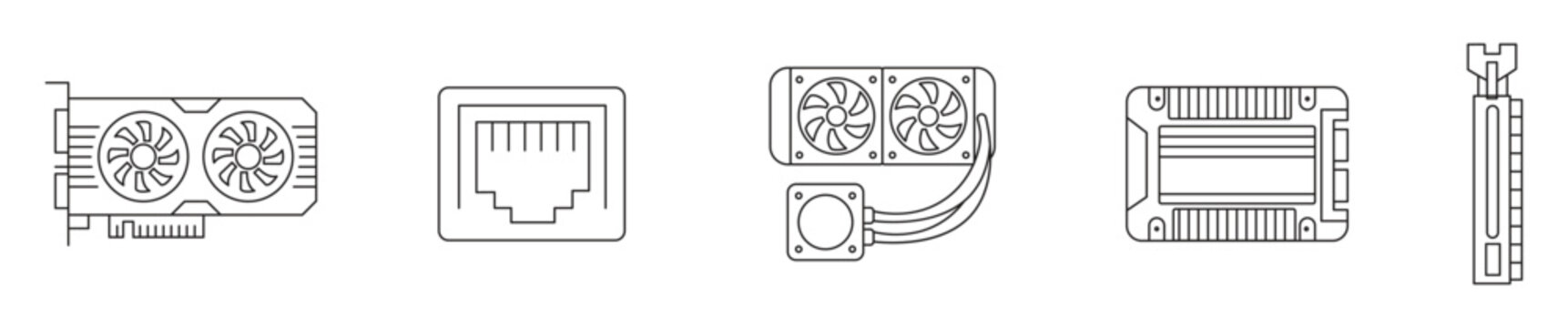 Vector line icon set featuring PC hardware components including graphics card (GPU), ethernet port , AIO liquid CPU cooler, external hard drive / SSD, and RAM expansion card. Isolated 