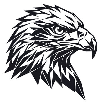 Geometric eagle head vector illustration, stylized bald eagle profile mascot, black and white predatory bird emblem for sports branding