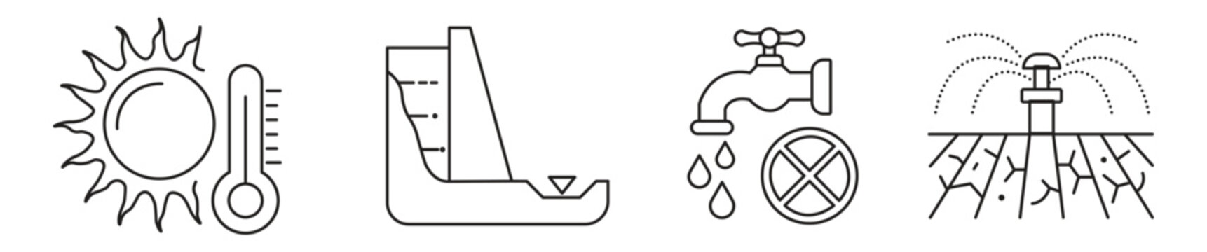 Extreme High Temperature, Low Dam Water Level, Water Restriction, and Irrigation System Line Icon Set for Water Conservation and Drought