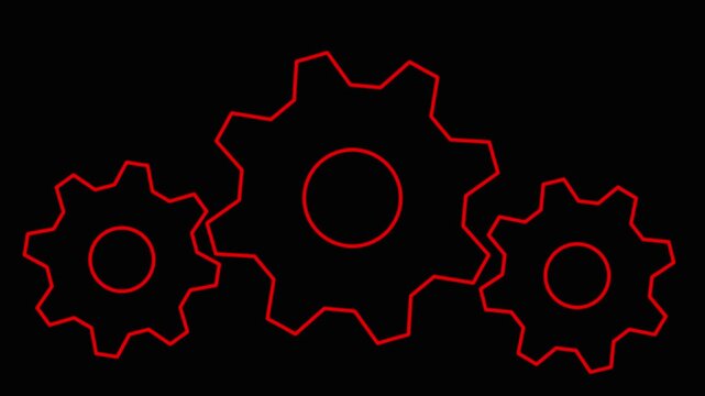 Rotating red gear cogs animation on black background: industrial engineering and business process concept