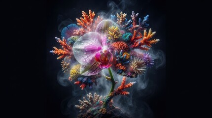Obraz premium Orchid flower combined with colorful coral reef textures