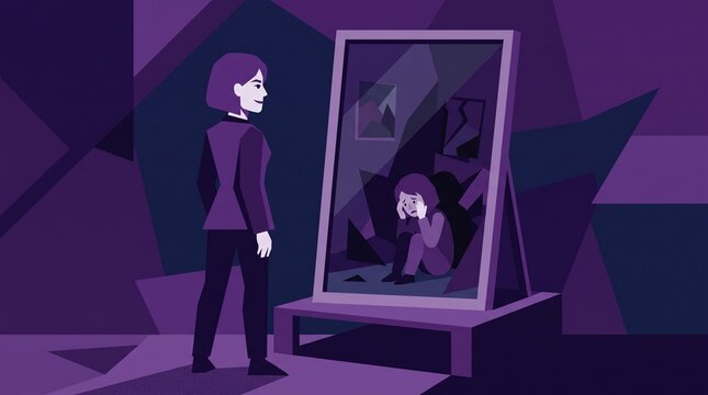 Flat vector illustration of a person looking in a mirror seeing a small scared reflection representing imposter syndrome