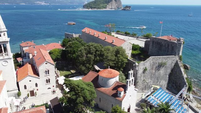 Sveti Stefan, Budva Municipality, Montenegro, aerial drone view, 