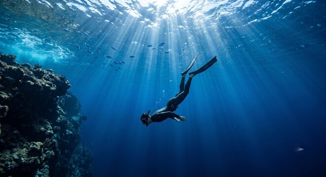 Free diver swimming beneath the ocean surface in deep blue water creating an inspiring underwater adventure marine exploration and freediving lifestyle concept