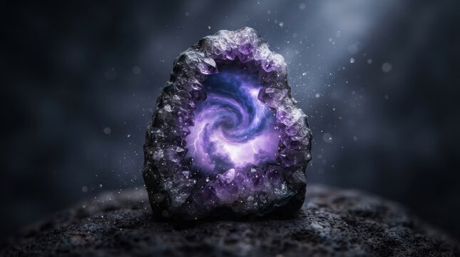 Amethyst geode with glowing purple magical portal