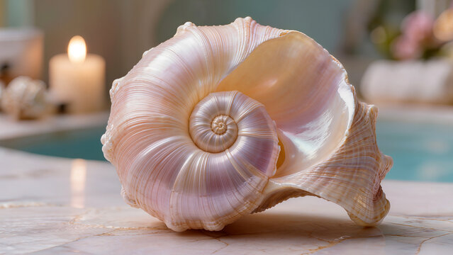 Macro close up of the iridescent pink spiral inside a natural conch sea shell wellness concept