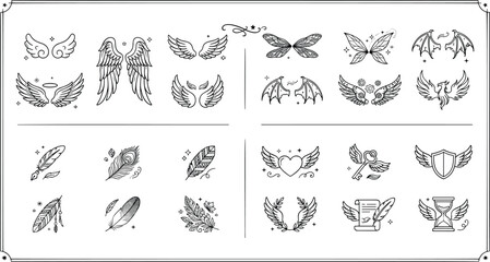 Fantasy magical wings and feathers icon set angel fairy dragon butterfly heart key shield line art vector illustration. © Mst Fateha Begum