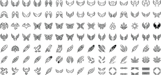 Wings and feathers icon set angel fairy dragon butterfly bird eagle owl pegasus line art vector illustration collection. © Mst Fateha Begum