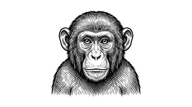 Detailed hand-drawn chimpanzee head portrait woodcut.