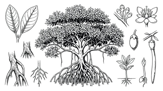 Mangrove tree botanical illustration with roots, leaves, flowers and propagule