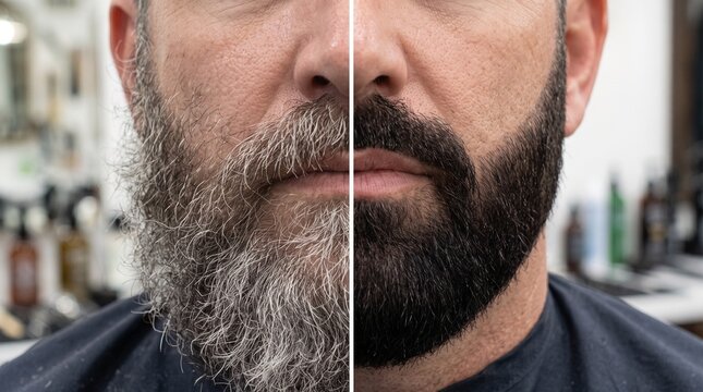 Before and after male gray beard touching-up and grooming trim