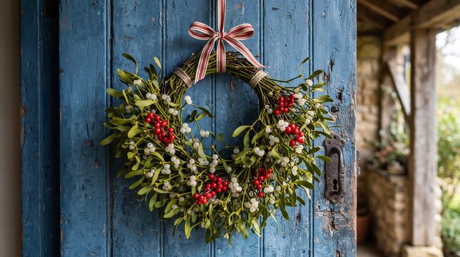 Traditional Christmas mistletoe wreath with red berries hanging on a rustic blue wooden door