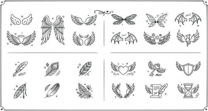 Fantasy magical wings and feathers icon set angel fairy dragon butterfly heart key shield line art vector illustration.