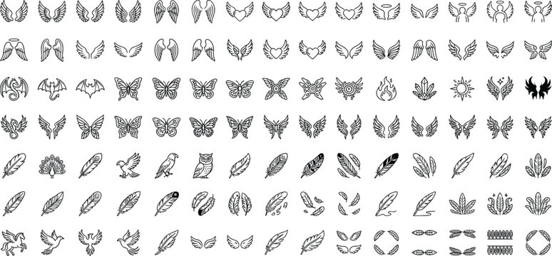 Wings and feathers icon set angel fairy dragon butterfly bird eagle owl pegasus line art vector illustration collection.