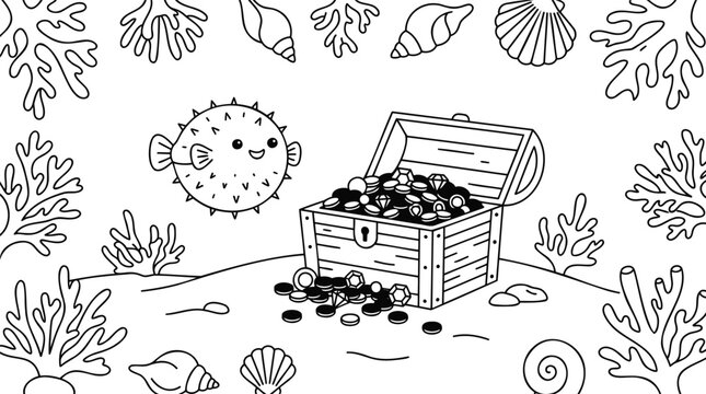 Cute puffer fish with treasure chest in underwater scene