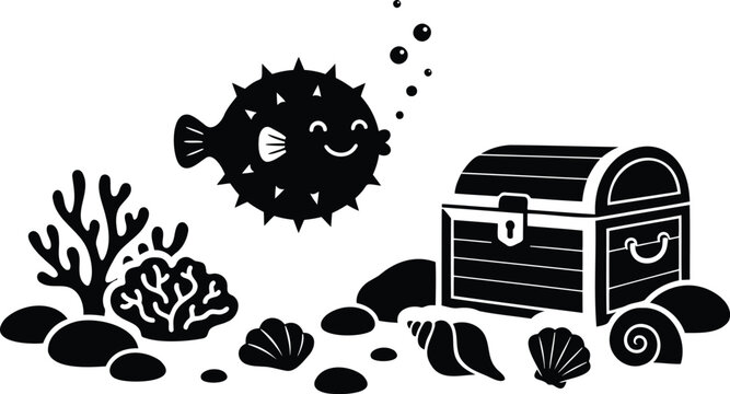 Cute puffer fish swimming near a treasure chest underwater