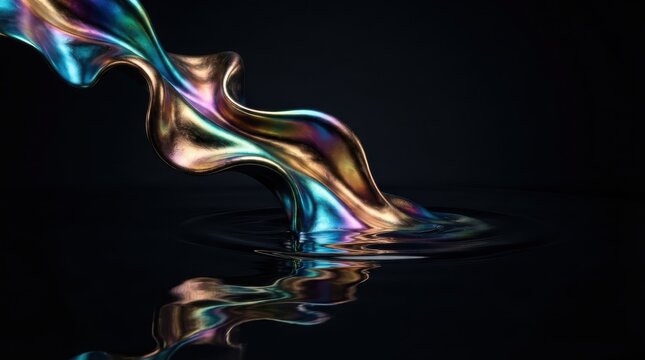 Abstract iridescent metallic liquid wave flowing into water