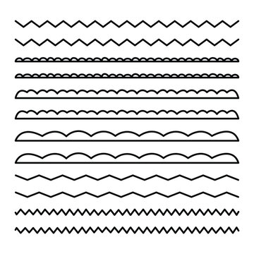 Scallop line lace border, seamless zigzag edge frame. Cute curve wave crochet pattern, repeat frill ornament, circular edge seamless border shape set.