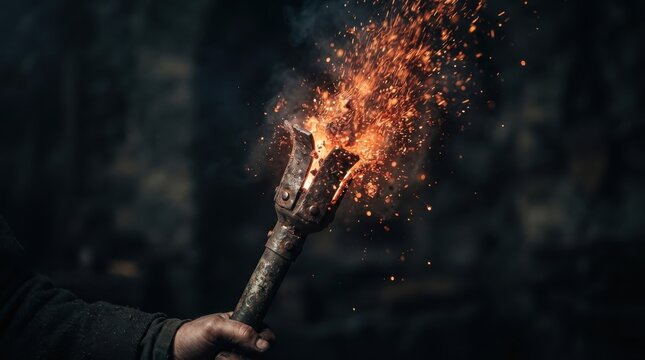 Person holding a burning medieval metal torch