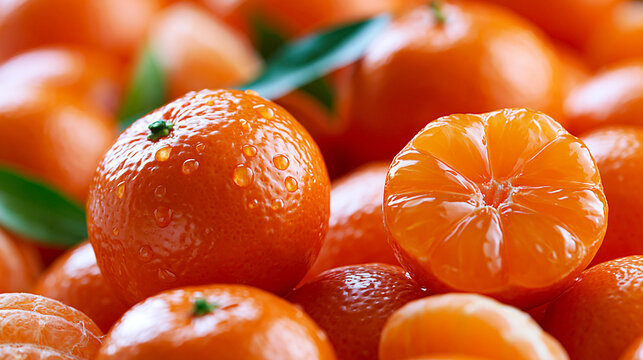 Fresh oranges and mandarins with green leaves on a blurred background  
